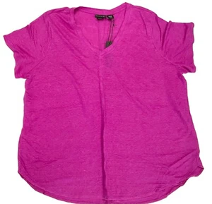 Tahari Linen Fuchsia Short Sleeve V-Neck T-Shirt Womens 1X NEW - Picture 1 of 2