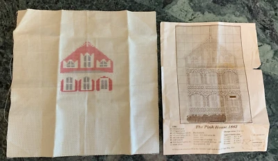 Unfinished 1981 Crossroads Victorian Pink House 1882 Cross Stitch Canvas 12 x 12 - Image 1 of 3