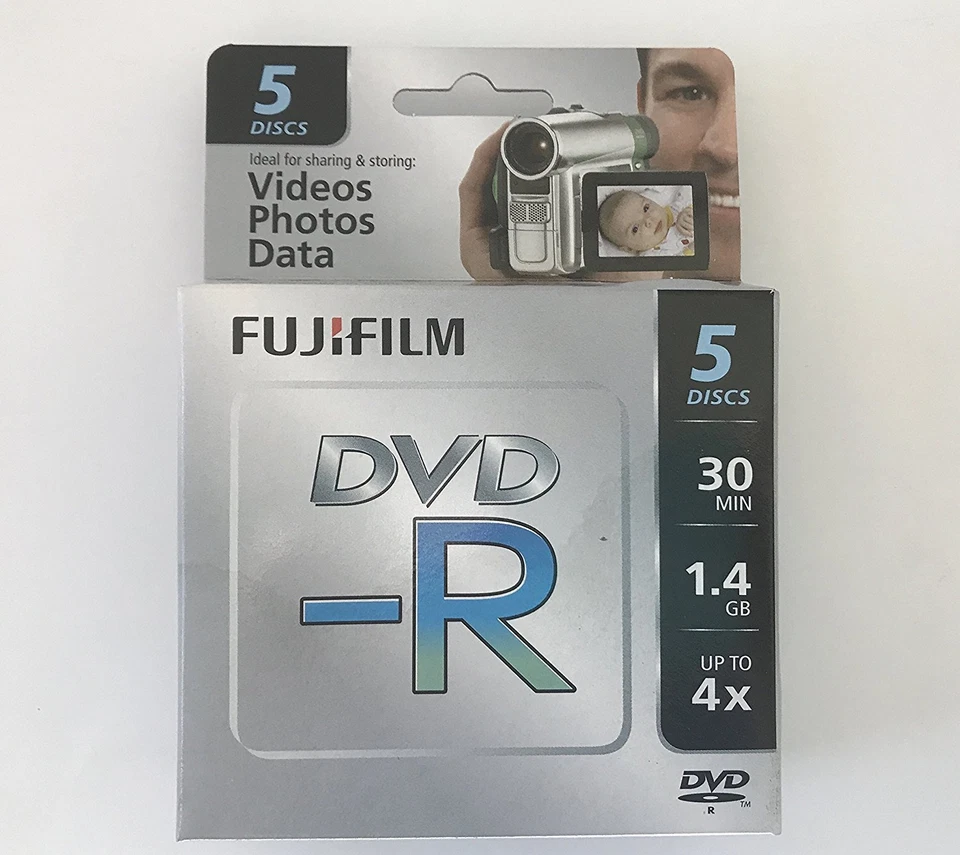 5 Discs Fujifilm 25302444 DVD-R Camcorder 1.4 GB / 30 Min 4X, For Videos Photos - Image 1 of 1