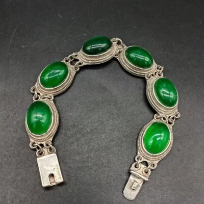 Antiguo Brazalete de Plata Tíbet Tallado Flor Incrustaciones Rojo Verde Negro Jade Plata Foto 1 de 4