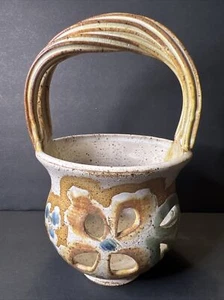 Stoneware Art Pottery Votive Candleholder Basket Salt Glaze Floral Cutout - Picture 1 of 9