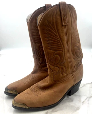 Винтажные кожаные ковбойские сапоги мужские размер 8 желтовато-коричневый вышитый золотой носок - Изображение 1 из 4