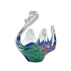 Vtg Murano Style Hand Blown Art Glass Swan Candy Trinket Bowl Dish Clear Colors - Picture 1 of 15