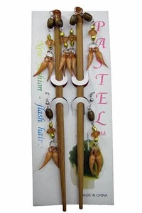 CUTE Lt.Brn Beads Dangly Hair Chop Sticks Chopsticks Picks Pierced Earrings Set - Picture 1 of 1