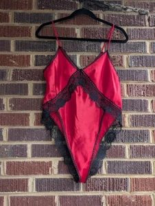 Vintage Red Satin/Black Lace Teddie Bodysuit Camisole Sz Small USA - Picture 1 of 5