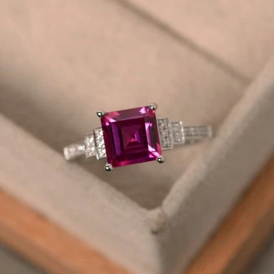 1.90 Ct Princess Cut Natural Red Ruby & Diamond Wedding Ring 14K White Gold Sz 7 - Image 1 of 4