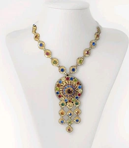 Multicolor Rhinestone Brooch Pendant Necklace Chandelier Goldtone  Vtg - Picture 1 of 15