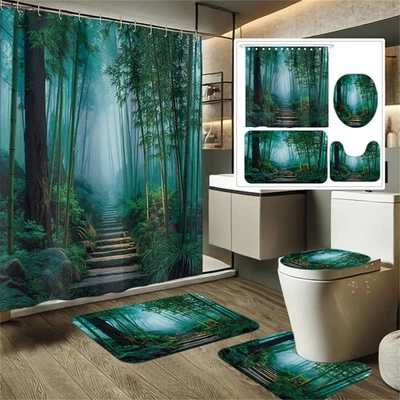Alfombra de baño cortina de ducha de carretera de bambú Grove alfombra de baño antideslizante cubierta de tapa de inodoro Foto 1 de 4