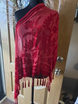 Women’s red silk rayon beaded triangle shawl wrap tassel sheer roses Elegant - Image 1 of 4