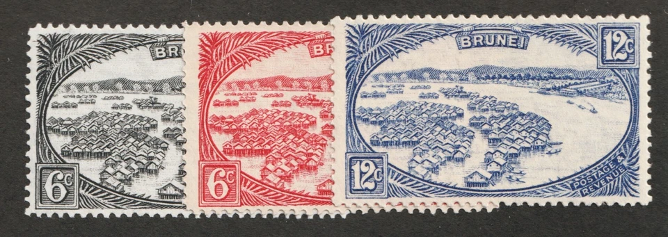 1924 Brunei Sc# 59-61 River Kampong Community of Pole Dwellings. MH Cv$35.50 - Image 1 of 1