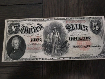 1907 $5 dollar WOODCHOPPER *Rare signatures* Error PCBLIC Five DOLLAR note. USA - Image 1 of 4
