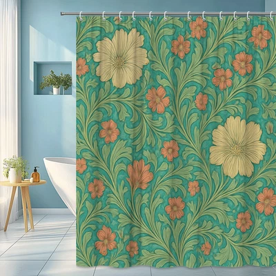 Cortina de Ducha Floral en Verde y Naranja, Decoración de Baño Estilo Vintage Foto 1 de 4