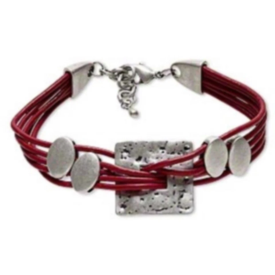 Modernist Red Leather Antiqued Silver Pewter Geometric Adjustable Bracelet - Image 1 of 1