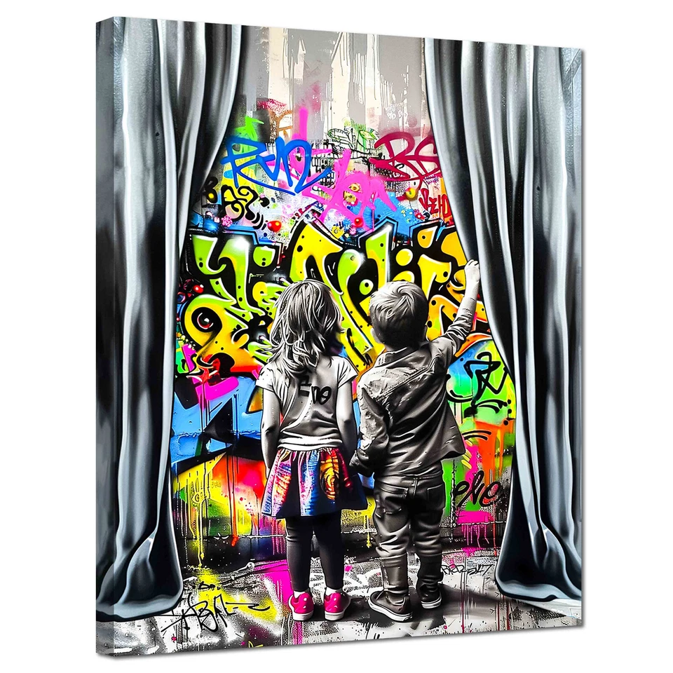 Kunstdruck auf Leinwand - Boy and Girl vor dem Graffiti (div. Größen) Street Art - Bild 1 von 4