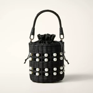 Kate Spade X Target Pearl Embellished Black Bucket Drawstring Woven Bag Purse - Picture 1 of 4