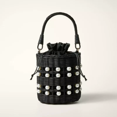 Kate Spade X Target Pearl Embellished Black Bucket Drawstring Woven Bag Purse - Image 1 of 4