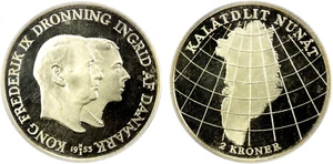 1953 NH Dinamarca 2 coronas, conmemorativo de Groenlandia, graduación profesional pr 64 camafeo profundo, KM-X6 - Imagen 1 de 2