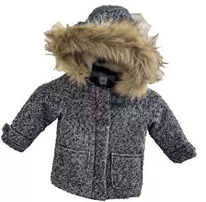 Baby Gap 2T Coat Navy Herringbone Tweed Wool Blend & Sherpa Lined Faux Fur Hood - Picture 1 of 18