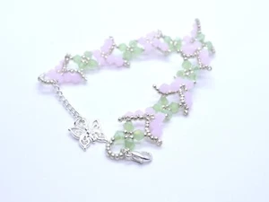 Butterfly Pink Green Bicone Beaded Bracelet 18cm + 3cm ext - Picture 1 of 3