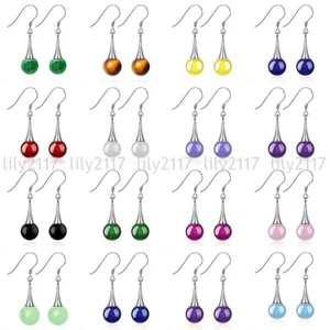 Pendientes colgantes de gancho de plata 925 con cuentas redondas de piedras preciosas de jade multicolor naturales de 10 mm - Imagen 1 de 26