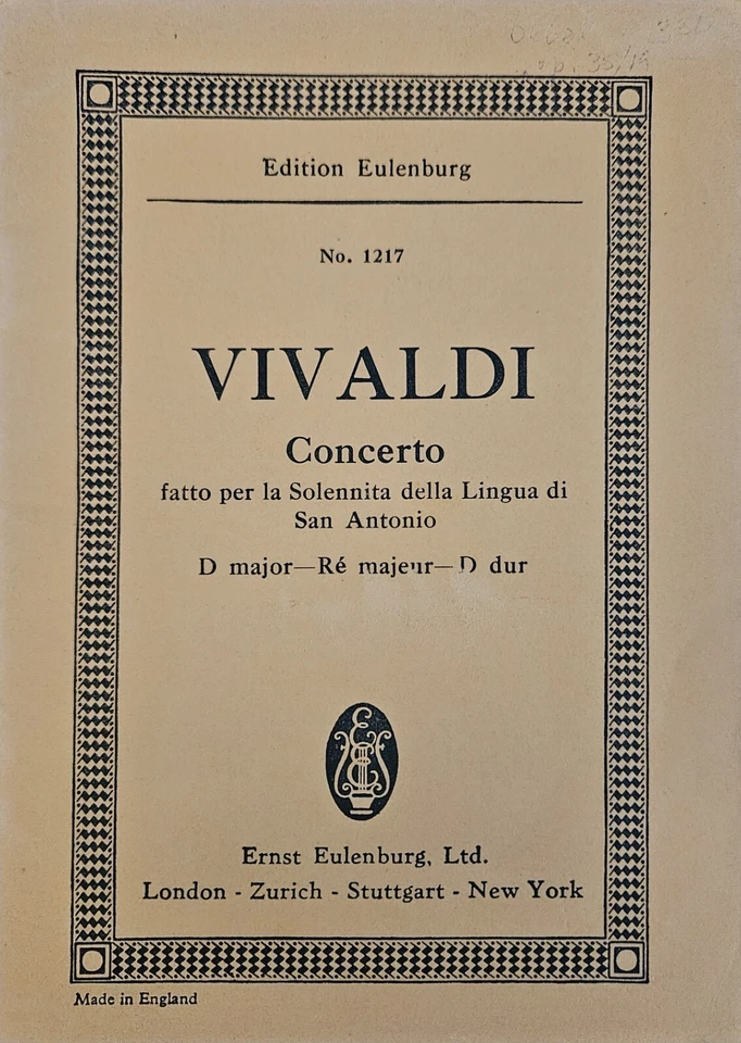 Antonio Vivaldi Concerto for Violin D Major San Antonio Eulenburg Score - Image 1 of 1
