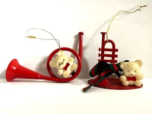 Vintage Teddy Bear with Trumpet & Red Horn with Teddy Bear Christmas Ornament - Picture 1 of 3