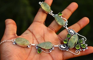 Prehnite & Peridot Gemstone 925 Sterling Silver Handmade Necklace Jewelry 18" - Picture 1 of 4