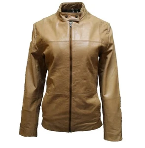 Klassische hellbraune lange Retro Bikerjacke für Damen - Bild 1 von 4