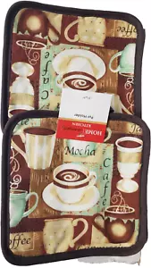 Juego de 2 soportes para ollas de cocina impresos iguales, tazas de café moca, parte posterior marrón, HC - Imagen 1 de 7