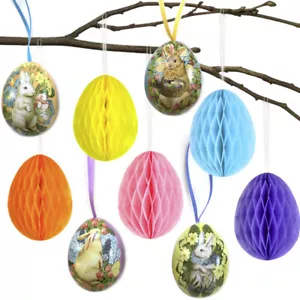 9 EASTER EGG HANGING Paper Honeycomb Matel Rabbit Bunny Tin Decoration Ornament - Picture 1 of 4