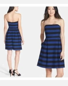 Trina Turk Stripe Textured Strapless Mini Dress Fit Flare 6 Black Blue Cocktail - Bild 1 von 7