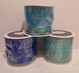 Lot of 3 Wire Edged Ribbon 2.5" x 10 Yds Navy Blue & Teal W/ Silver Snowflakes - Picture 1 of 10