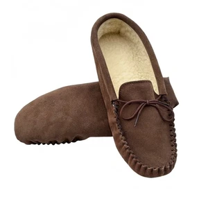 Mens Moccasin Slippers Light Brown Soft Sole Real Suede Wool Lining UK Coopers - Picture 1 of 9