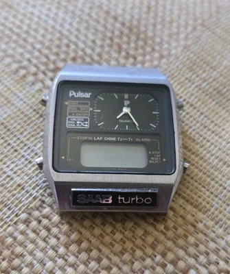 vintage pulsar stop w. alarm lap chime dual date stainless steel wristwatch - Image 1 of 4