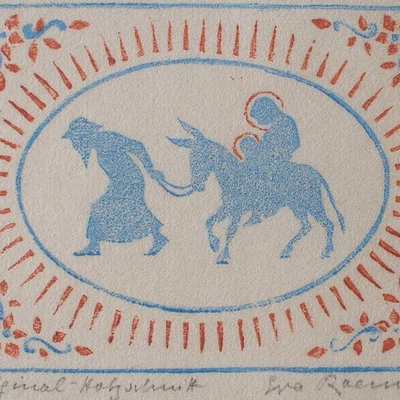 Heilige Familie Flucht Ägypten Eva Roemer sign Farbholzschnitt Japanpapier 20 Jh - Bild 1 von 4