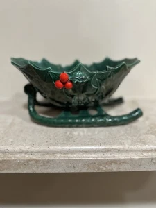 Vintage Christmas Lefton Green Holly & Berry Sleigh Candy Dish / Bowl - Picture 1 of 4