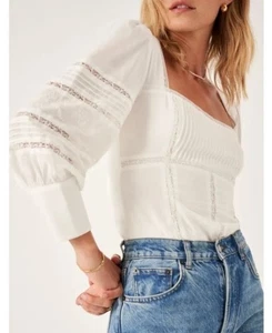 Reformation Top White Long Sleeve Square Neck Embroidered Sz 10 - Picture 1 of 14