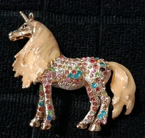 Gold Tone Rhinestone Mystical Unicorn Brooch Necklace Pendant Sparkle 3"L×3"H - Picture 1 of 12