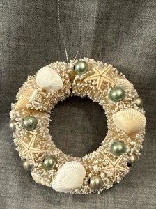 Beach Theme Bottle Brush Wreath Ornament Shells Starfish Pearls 4.5” - Picture 1 of 7