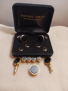 Herren Daniel Grau Manschettenknöpfe Set, Neu Sonstige + Lose Einfassung Goldfarben Rand Set - Bild 1 von 9