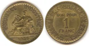 1 piece de 1 Franc Chambre de commerce 1920 bronze alu ( 002 ) - Imagen 1 de 1