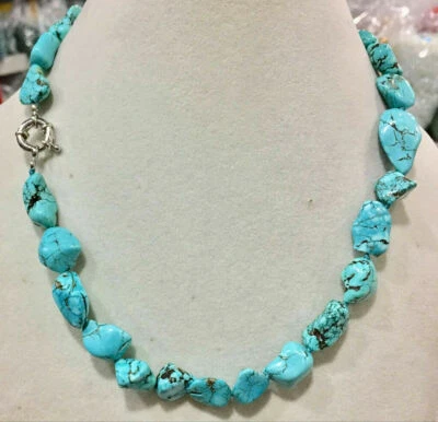New Genuine Natural 10-14mm Blue Turquoise Gemstone Irregular Beads Necklace 18' - Image 1 of 4