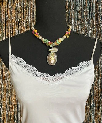 Colgante de abulón grande collar de perlas llamativo, gargantilla, para mujer hecho a mano EE. UU. Foto 1 de 4