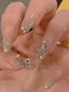 24pcs Coffin Glitter Rhinestones Fake Nail False Nails Press On Nails Glue On - Picture 1 of 7
