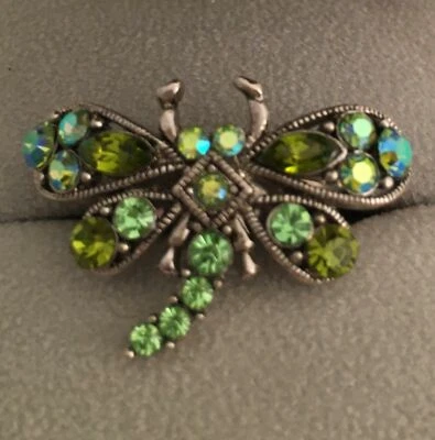 Silver Plate Green Topaz or Black with Hematite Crystal Dragonfly Ring Size 7 - Image 1 of 3
