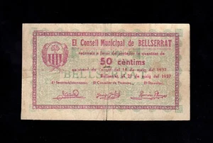 F.C. BELLSERRAT (BARCELONA) , 50 CENTIMS 1937 , B/C- , ROTURA CENTRAL . - Picture 1 of 2