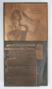 Vintage Battery Graphic Advertisement Wood & Metal Letterpress Printers Block - Imagen 1 de 7