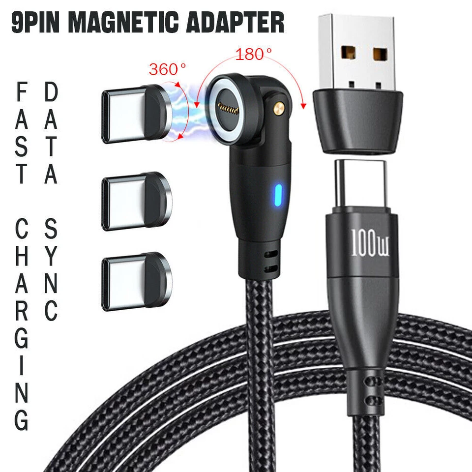Магнитный 9-контактный кабель быстрой зарядки синхронизации данных USB C + 3 наконечника типа C поворот на 540° - Изображение 1 из 4