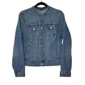 Talbots Denim Jacket M Blue Womens Fringe Raw Hem Mandarin Collar Boho Light - Picture 1 of 8