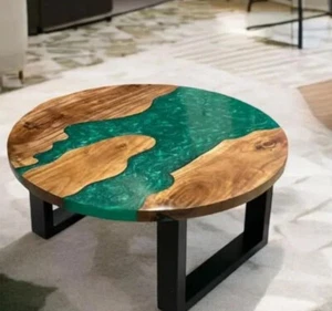 Mesa epoxi verde hecha a mano resina río borde vivo madera decoración del hogar muebles - Imagen 1 de 8